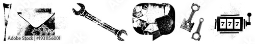 Grungy wrench, envelope, piston, slot machine, broken glass retro industrial symbols, vector cutouts, distressed textures, mechanical and gambling motifs.