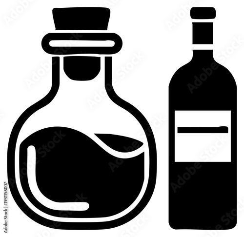 Two stylized bottles, one potion flask with swirling liquid, one wine bottle with label, minimalist vector art, and beverage.
