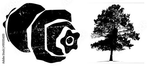 Black and white vector clownfish with gear, tree silhouette, grunge texture, flat design, isolated elements, cutout style, rgba background.