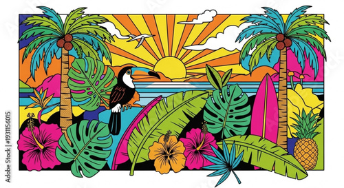 Vibrant tropical beach scene with toucan surfboards palm trees and colorful flowers at sunset