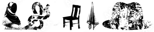 Black and white vector with textured distortion, stylized objects including hijab, ornamental letter, chair, folded umbrella, wide brimmed hat, urban graphic design elements.
