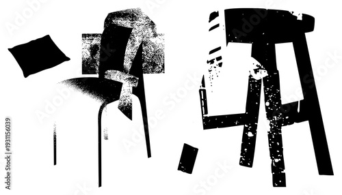 Graphic vector chairs and stools rendered in stark black with halftone grain, minimalist furniture, stylized seating, artistic composition, design.