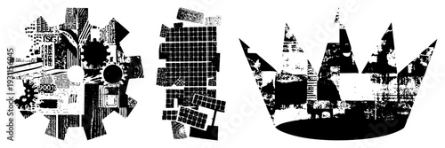 Collage of industrial gears, urban textures, and architectural fragments forming abstract city forms, vector halftone style, mechanical city, industrial collage, fragmented urbanism.