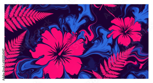 Vibrant pink hibiscus flowers and blue ferns on a dark background tropical floral pattern