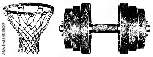 Sports equipment basketball net with chains and textured dumbbell weights, gym fitness symbols, graphic, athletic gear.