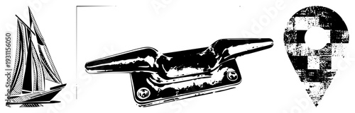 Nautical themed vector including sailboat with rigging, heavy anchor, and location pin with checkered, all in, ideal for maritime or travel design.