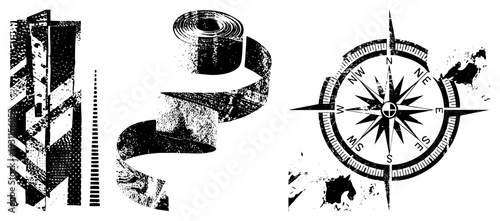 Retro compass rose, coiled measuring tape, blueprint grid, vector, navigation tools, architectural design elements, halftone texture.