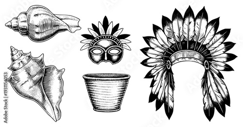 Hand drawn ink illustrations of conch, theatrical mask, and Native American headdress, engraved art style, cultural artifacts, isolated symbols.
