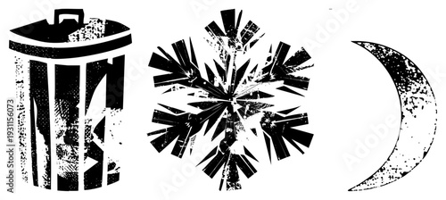Weathered black and white trash can with lid, jagged snowflake, moon, all with distressed texture, isolated vector symbols.