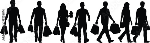 People carrying shopping bags silhouettes set isolated on white background retail sale consumer lifestyle vector illustration