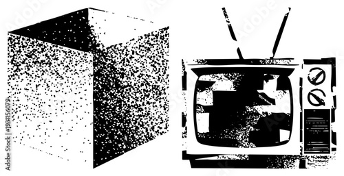 Retro TV with rabbit ears, analog screen static, vintage broadcast equipment, old school entertainment device, black and white vector illustration.