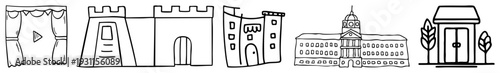Simple drawings of architectural theater curtain, gate, medieval tower, government building, and house with trees, minimalist design, style.