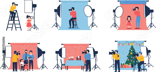 Professional photography studio illustration showing photoshoot setups lighting equipment photographers models family portrait product holiday scenes flat vector