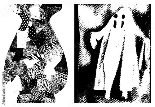 Black and white halftone ghost with eye holes, abstract vase with facets, pop art vector style, graphic design elements, isolated shapes.