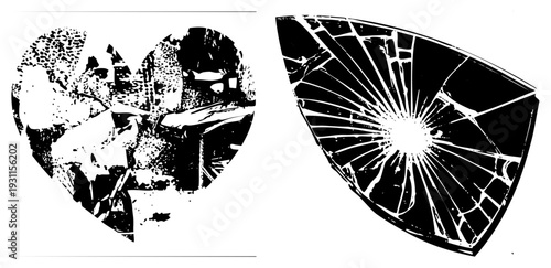 Heart shaped shattered glass with halftone texture, fractured citrus slice, vector graphic, black and white, isolated foreground, artistic fragmentation, emotional symbolism.