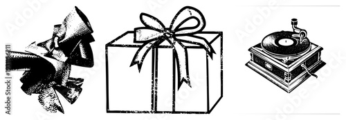 Antique phonograph playing vinyl records, classic music player, retro device, early 20th century technology, mechanical sound system.