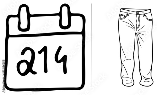 Sketch style calendar showing date 214, paired with ripped jeans illustration, minimalist vector art, fashion and timekeeping symbols.