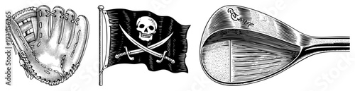 Baseball mitt with lacing, pirate flag with skull and swords, golf club head with brand engraving, all in black and white halftone style.