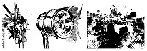 Industrial machinery components, mechanical gears, stylized tools, vector art, halftone texture, technical drafting, engineering schematic.