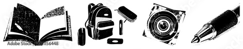 Open textbook, school satchel, vinyl record player, writing instrument student essentials, academic tools, creative gear, learning symbols.