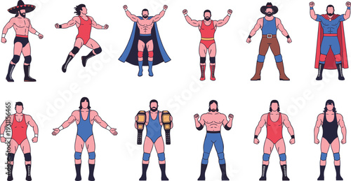 Professional wrestling characters illustration set, muscular wrestlers poses, combat sports heroes collection, flat cartoon fighters design artwork