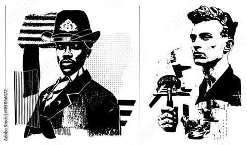 Stylized halftone vector portraits, graphic art, bold, pop art aesthetic, isolated figures, illustration, political or cultural.