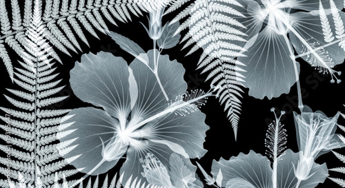Monochrome illustration of tropical leaves and flowers on black background