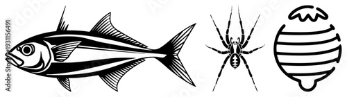 Graphic of fish, spider, and beehive in bold art, vector design, isolated symbols, flat illustration style, nature motifs, minimalist art.