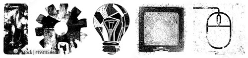 Retro tech symbols including smartphone, cogwheel, lightbulb, monitor, and computer mouse rendered in halftone vector style with distressed texture. Digital age with artistic grain.