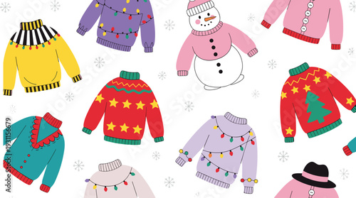 Ugly Christmas sweaters illustration set, festive winter knitwear and snowman outfits, holiday clothing collection, cute flat cartoon design