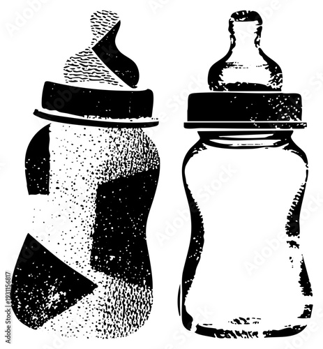 Infant feeding bottles, baby feeding containers, nursery essentials, stylized vector art, dotted, black and white illustration, nursery decor.