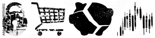 Distressed black symbolizing shopping cart, broken piggy bank, candlesticks, and padlock, conveying finance, e commerce, and security themes.