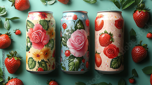Three decorative beverage cans featuring strawberry and rose inspired designs.