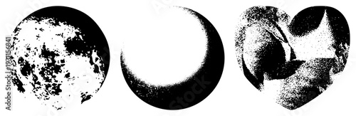 Dot matrix moon, moon, and abstract organic form, all rendered in halftone style, vector art, isolated foreground elements.