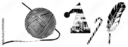Festive holiday symbols rendered in distressed black and white vector art yarn ball, Santa hat, candy cane, quill pen. Retro holiday decor, vintage graphic design, textured illustration.