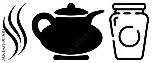 Hot beverage symbols, teapot silhouette, takeaway coffee cup, minimalist, vector for drink concepts.