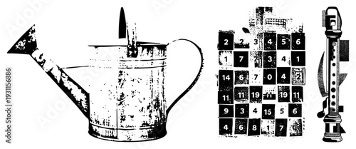 Rustic metal watering can with spout, numbered lottery ticket grid, wooden recorder flute, vector illustrations, isolated objects, gardening tools, musical instrument, chance game.