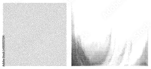Black and white halftone dot composition forming gradient, graphic design element, print art texture, vector, typographic background, digital illustration, visual effect.