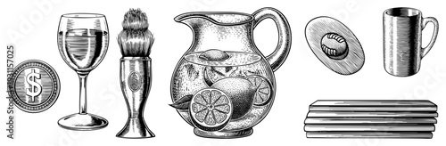 Hand drawn etched set of wine glass, shaving brush, lemon pitcher, coffee bean, mug, and coins, vector design.