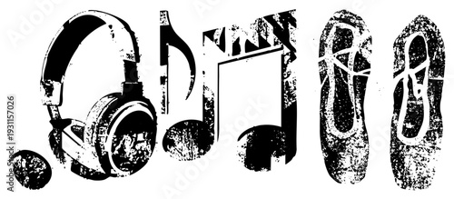 Vector illustration of headphones and musical notes with gritty texture, equipment, soundwave symbols, graphic, music themed design.