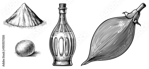 Classic etched style drawing of sugar pile, egg, glass bottle, and fig fruit, rendered in black and white with hatching, ideal for culinary or historical design.