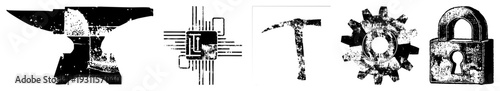 Set of black and white vector anvil, circuit board, pickaxe, gear, padlock, industrial tools, mechanical symbols, technical.