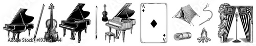 piano, violin, playing card, camping gear, microphone stage setup, classic entertainment props, artistic engraving style.