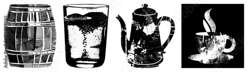 Retro coffee barrel with staves, glass with grounds steeping, classic kettle pouring, cup on saucer all rendered in halftone vector art.