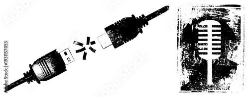 USB connector breaking apart into microphone symbol, digital interface glitch, tech, pixel art style, data transfer concept, visual connection, vector graphic.