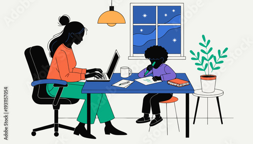 Woman helps child with homework at modern home desk