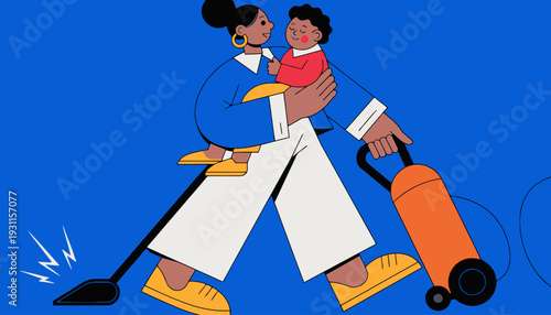 Happy mother cleaning with child in her arms