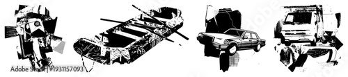 Stylized halftone vector illustrations of a classic car, canoe with oars, and suitcase, rendered in black and white with geometric fragmentation and textures.