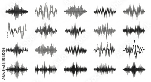 Collection of diverse sound wave patterns and audio waveforms