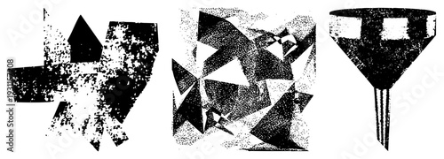 Black and white abstract forms with halftone texture, fragmented polygons, graphic art elements, vector composition, modern minimalist aesthetic.